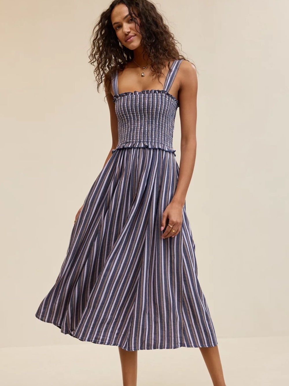 Aerie Striped Smocked Midi Dress